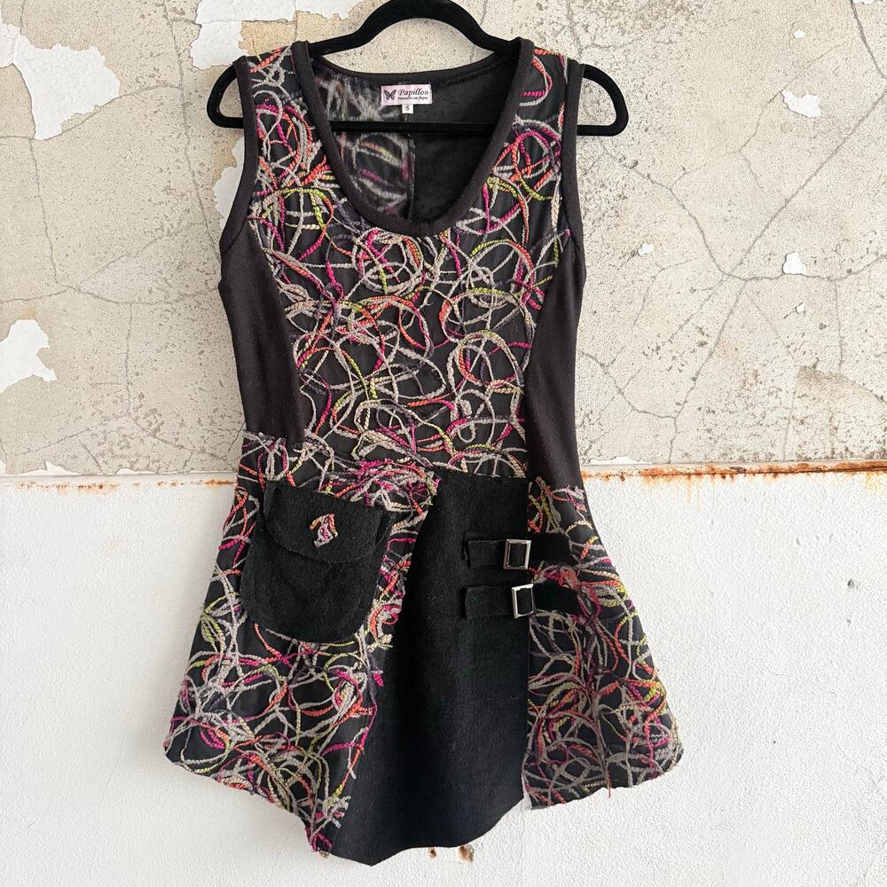Boho Dress Embroidered Asymmetrical Knit Tunic Black Sleeveless Artsy Y2K Small‎